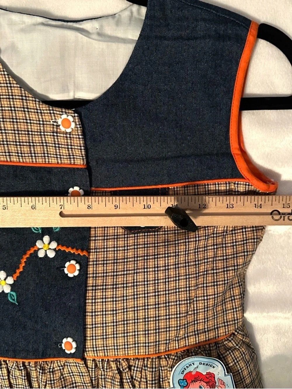 Vintage Narci Stell Sleeveless Patchwork Plaid Denim Flower Dress Girl 10 orange